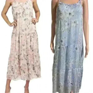 NWT ELENA BALDi Blue Silk Blend Floral Tiered Dress Size L